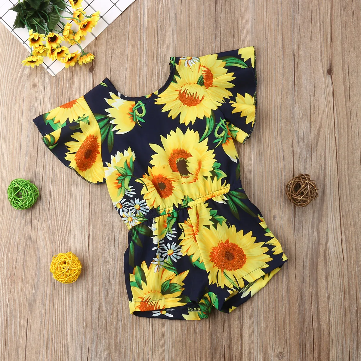 Детский комбинезон с цветочным принтом оборками на рукавах|Ромперы| |