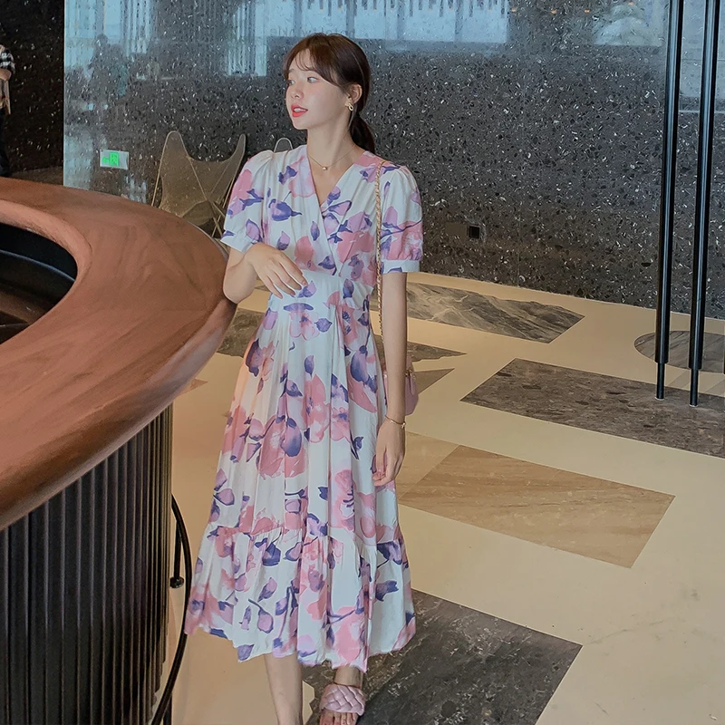 

COIGARSAM French Style Chiffon Women dress New Summer Floral Print Puff Sleeve Dresses Pink 21321