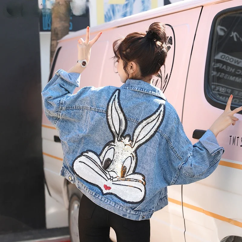 

Cartoon Sequined Cardigan Denim Jacket Women 2021 Spring Autumn Long Sleeve Loose Embroidered Button Short Coat Jackets Female
