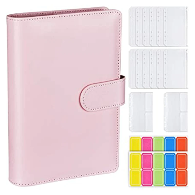 

A6 PU Ring Binder,6 Round Rings Notebook Binder 14Pcs Plastic Zippered Envelopes Pockets,with Label Stickers
