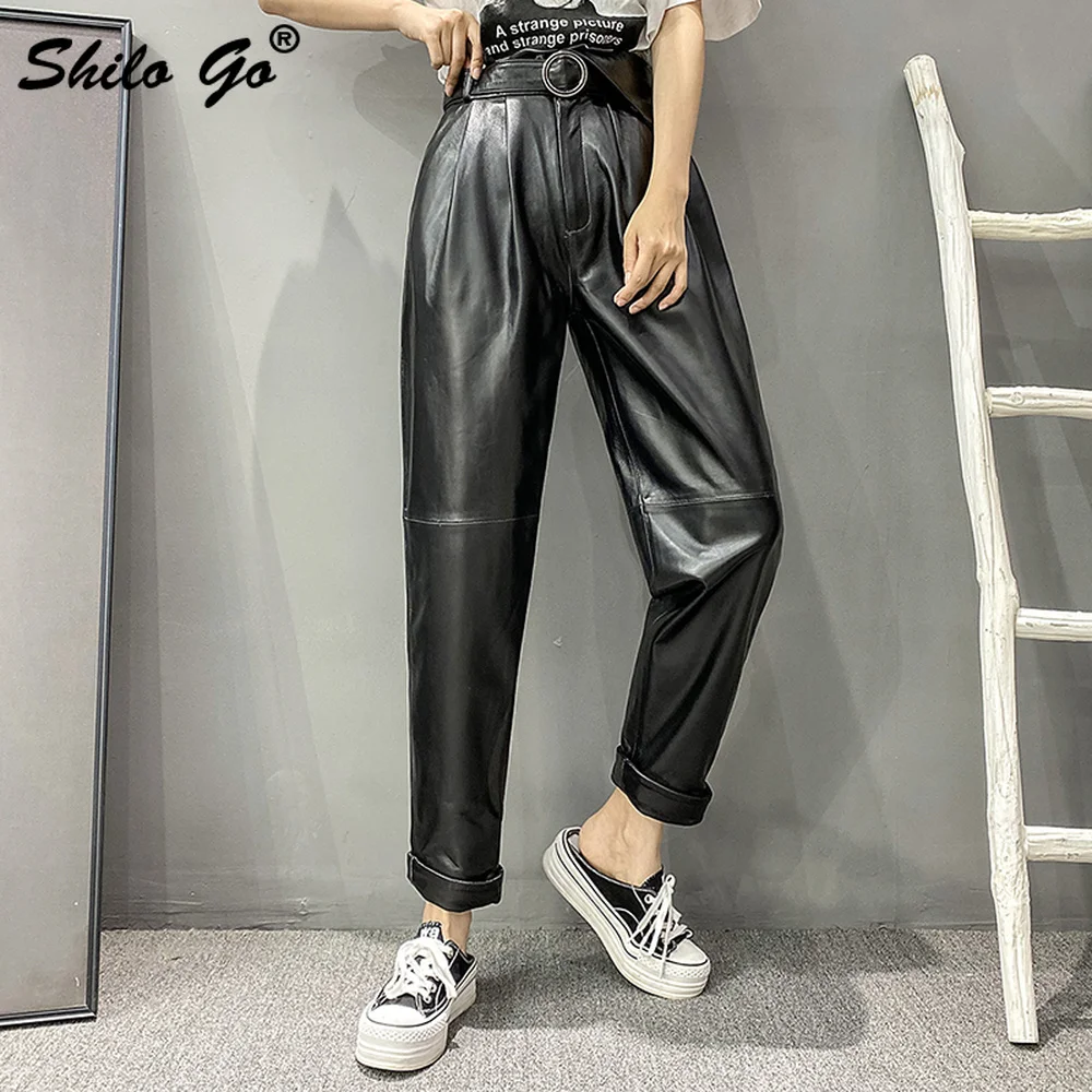 

Elegant Buckle Belted Pants Womens Winter High Waist Genuine Leather Harem Pants Solid Office Lady Sheepskin Trousers Famles