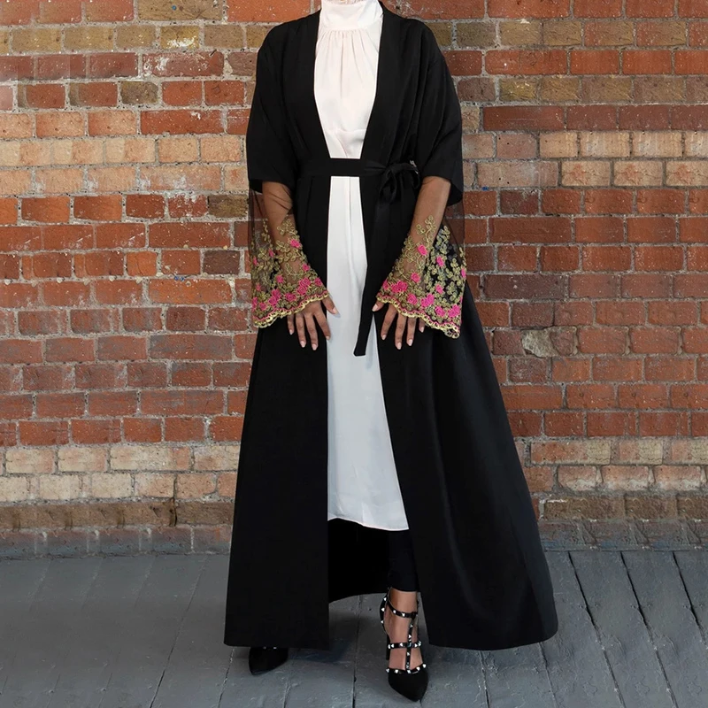Siskakia кружевной кардиган с вышивкой Abaya Модный изысканный сетчатый лоскутный