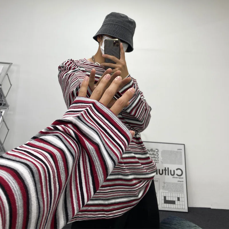 

2021 autumn new striped long-sleeved t-shirt men's trendy ins loose wild Korean style trendy tops simple and fashionable