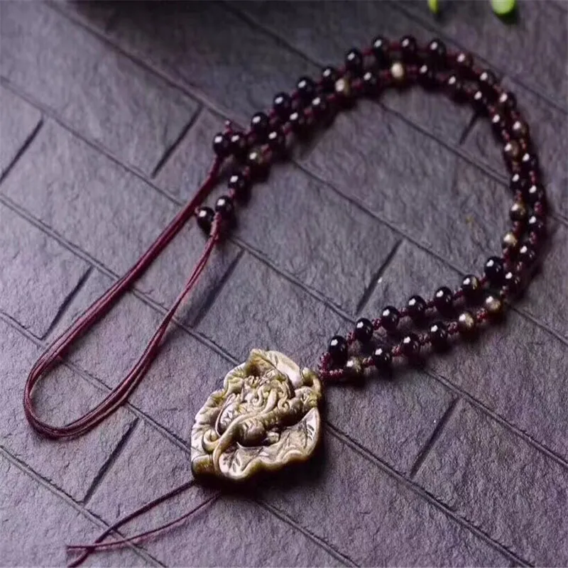 

Натуральное золото Обсидиан получить богатый overnigh кулон ожерелье Шарм ювелирные изделия мода ручной резной амулет человек удачи подарки