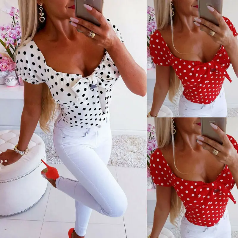 

New Fashion Women Summer Casual Wave point Low Cut Bow Tops Short Sleeve T-shirt