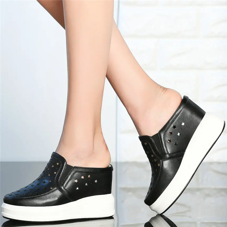 Summer Fashion Sneakers Women Genuine Leather Wedges High Heel Gladiator Sandals Female Hollow Round Toe Pumps Shoe Casual Shoes