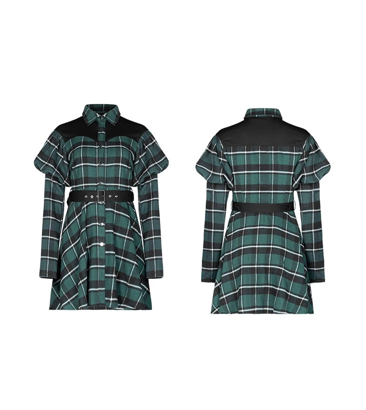 Панк рейв Женская гранж с пышными рукавами зеленый плед платье рубашка поясом PQ