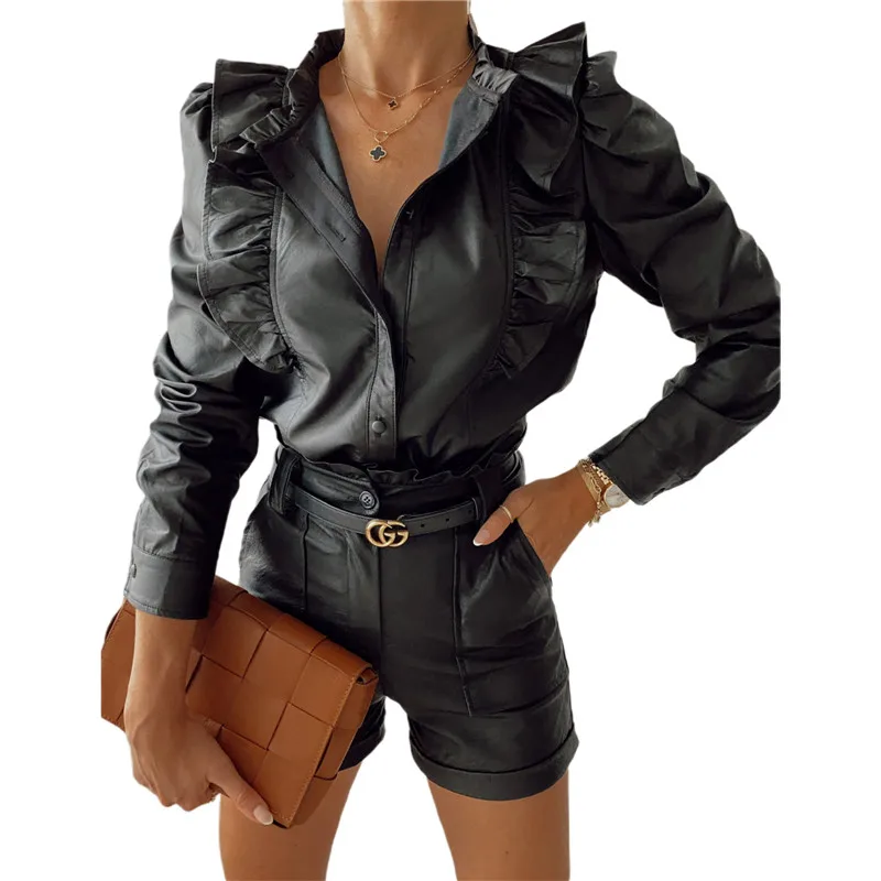Женская блузка из искусственной кожи Готическая рубашка с длинным рукавом и