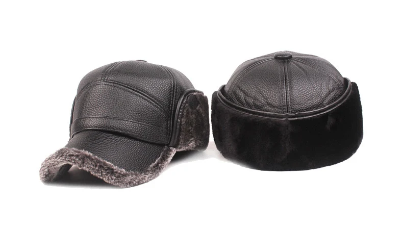 HanXi Winter Men Earflaps Baseball Cap Warm Leather Thicker Snapback Cap Men Father's Hats Ear Faux Fur Protection Casquette