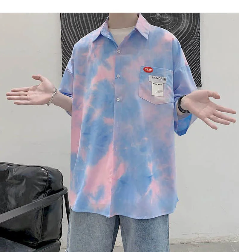 

Blouse Women Men Shirts Handsome Tie-dye Hong Kong Short-sleeved Shirt Male Loose Sleeve Shirt Jacket Male Oversized Shirt