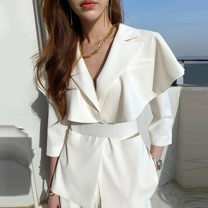 

Женский пиджак с рукавом три четверти, свободный пиджак с отложным воротником и оборками, брюки с широкими штанинами в Корейском стиле, лето...