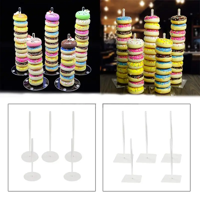 

5Pcs/set Round Square Bottom Acrylic Donut Display Stand Transparent Donut Stand for Wedding Party Children's Birthday