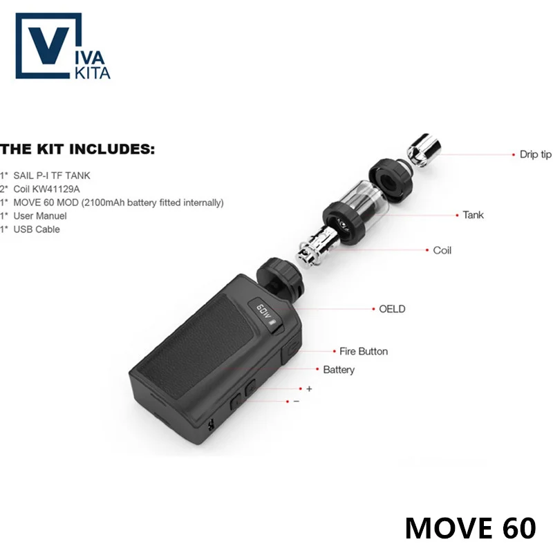 Доставка по Великобритании! Электронная сигарета Vaptio MOVE TC 60 2100 мАч Вт OLED 0 69 дюйма |