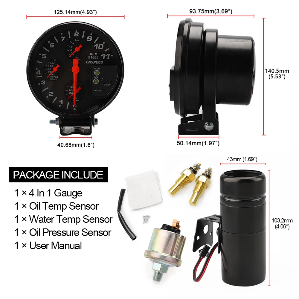 5 &quot4 в 1 Тахометр для автомобиля измеритель оборотов минуту датчик температуры
