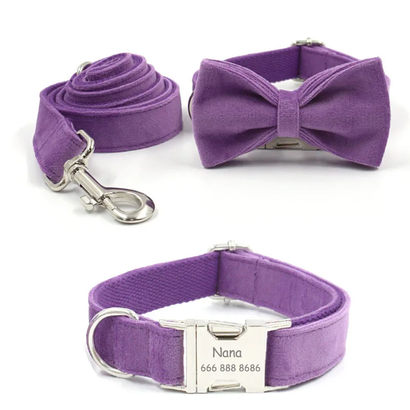 

Personalized Dog Collar Velvet Engraving ID Tag Custom Collars and Leash Set for Small Medium Large Dogs Bowtie Collar Lead Rope