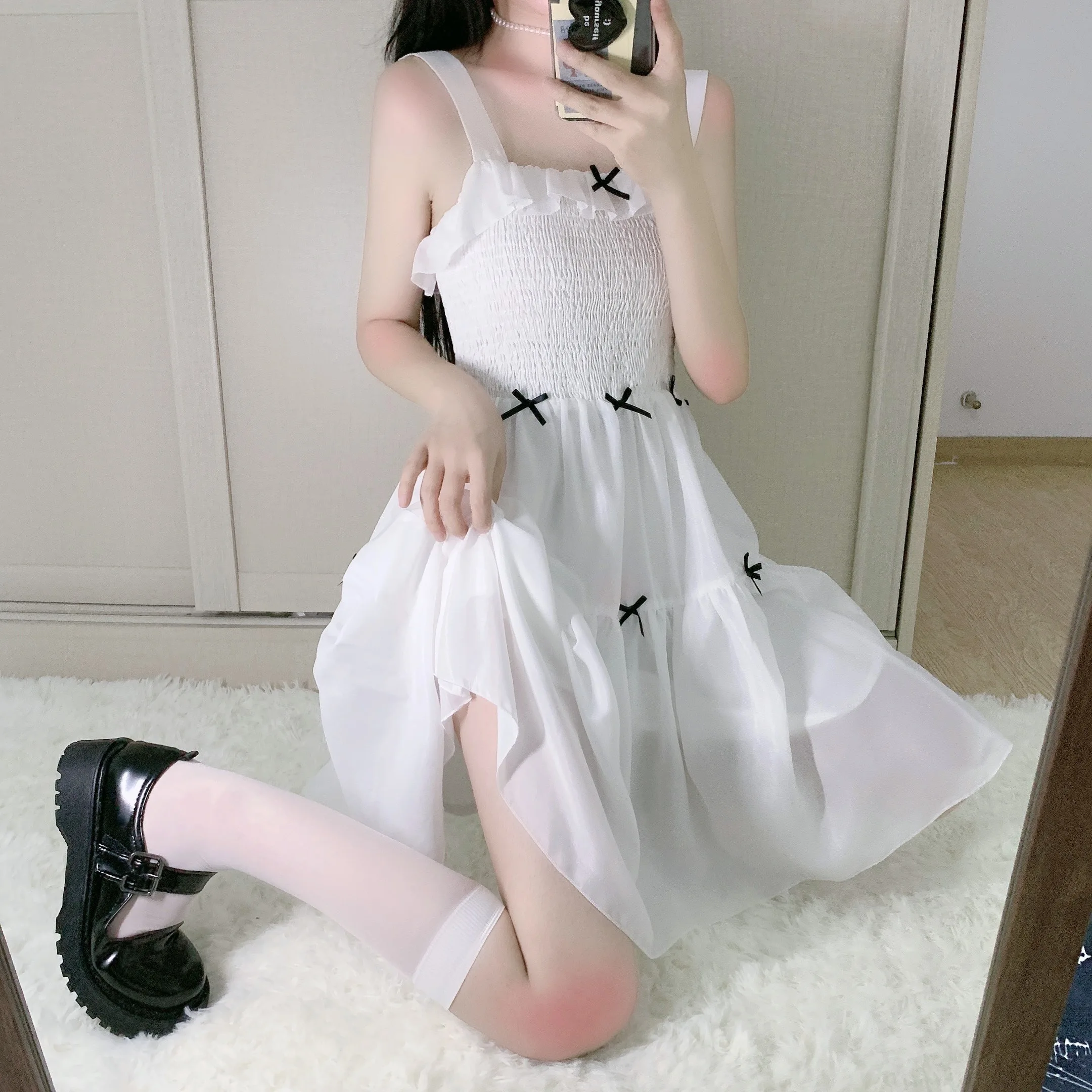 Женское платье в японском стиле милое летнее шифоновое с бантом юбка надписью First