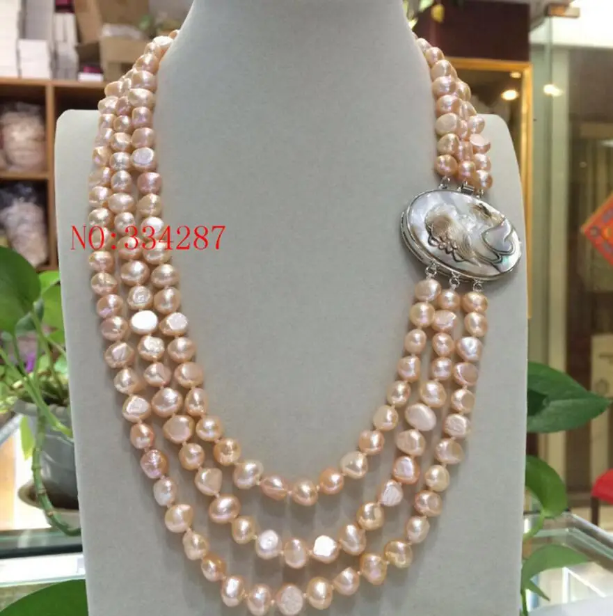 Ожерелье с жемчугом в стиле барокко 19 дюймов 3 ряда 8-9 мм розовое серое белое