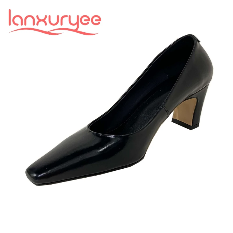 

Lanxuryee 2021 genuine leather square toe high heels European style young lady mature elegant daily wear concise women pumps L08