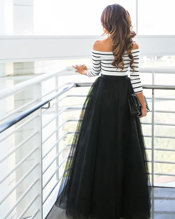 

Sexy Women Tulle Lace Ball Gown Dress Party Prom Long Dress Striped Off Shoulder Long Sleeves Long Maxi Dresses