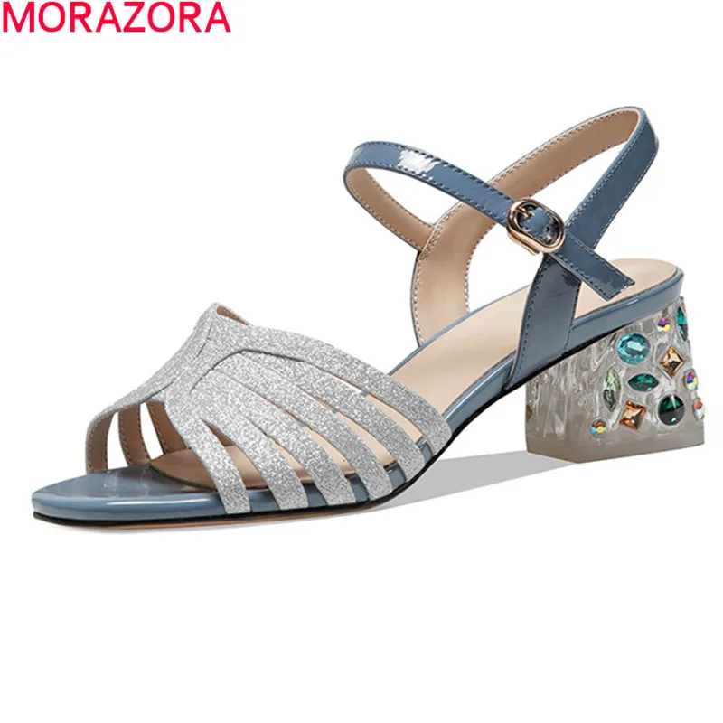 

MORAZORA 2021 Big Size 34-42 Women Sandals Patent Genuine Leather Gladiator Sandals Thick Heels Square Toe Summer Party Shoes