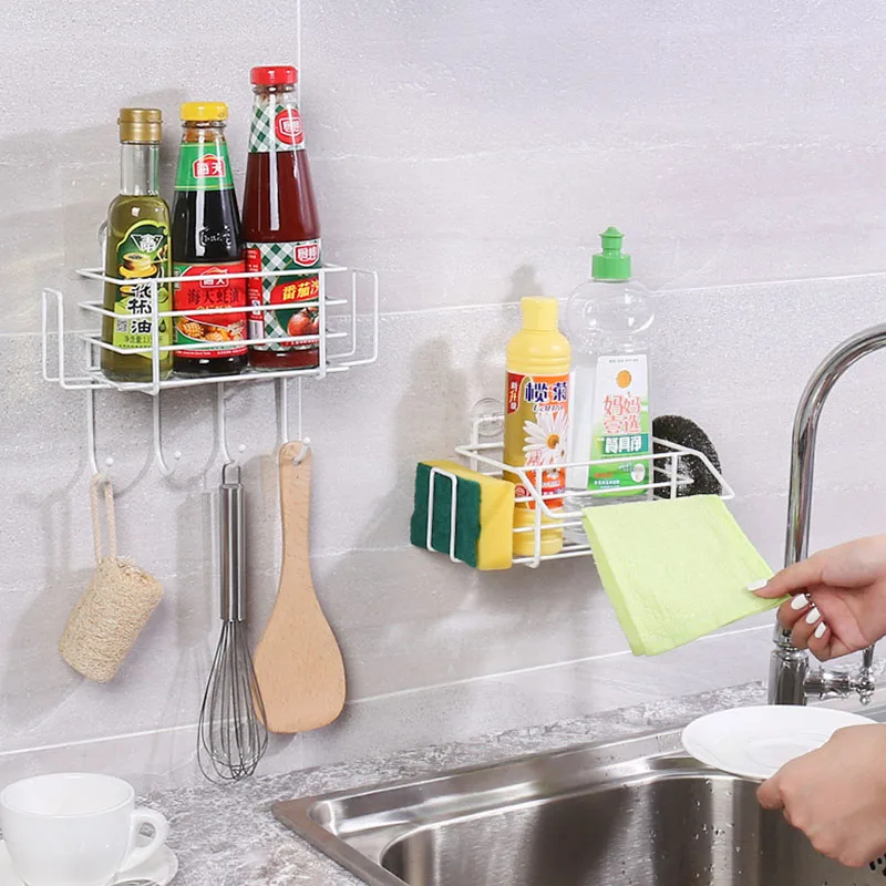 

Kitchen Storage Rack Sink Spice Organizer Free Punching Drain Basket Bottle Shelf Sponge Rag Hanger Hook Kitchen Accessories