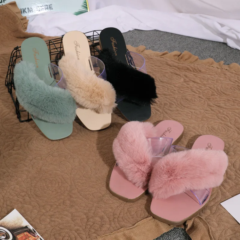 

Women Open Toe Flat-heeled Cross-Tied Fur Slippers Anti-Slip Autumn Home Fashion Warm Ladies Slides Summer Casual Indoor