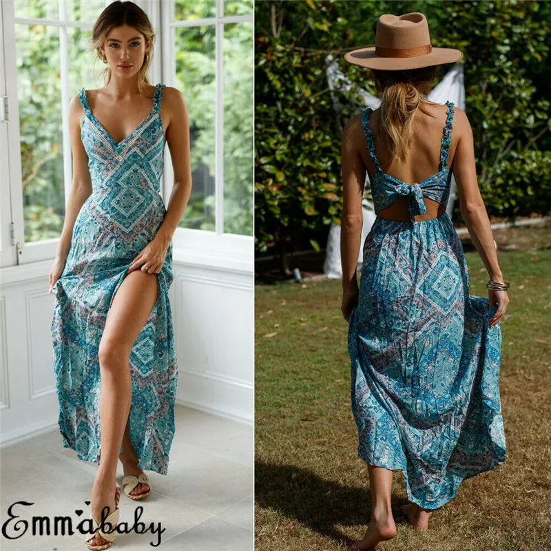 Летнее платье с цветочным принтом и узлом длинное подтяжками сексуальное