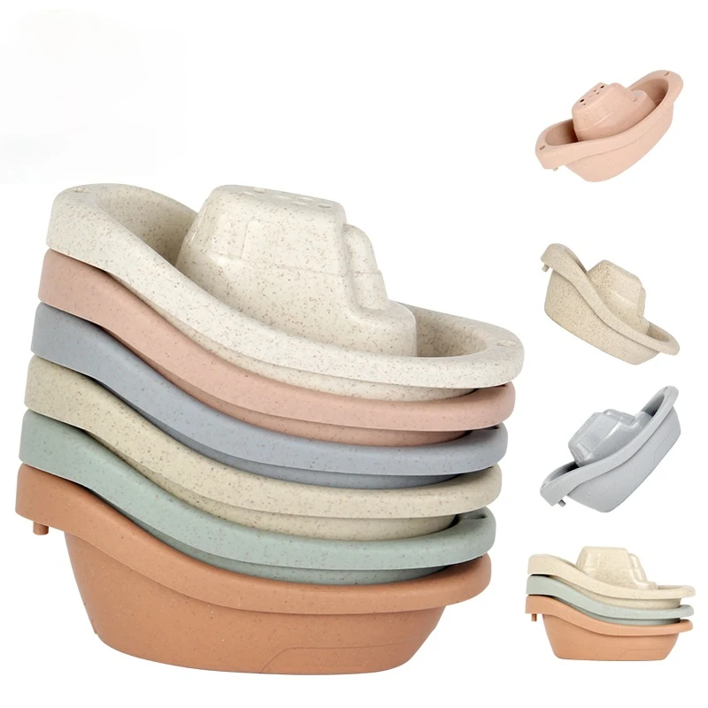 

6PCS Baby Stacking Cup Toy Folding Boat Shape Tower Bathing Shower Swimming Pool Play Water Kit Educational Toys For Infant Gift