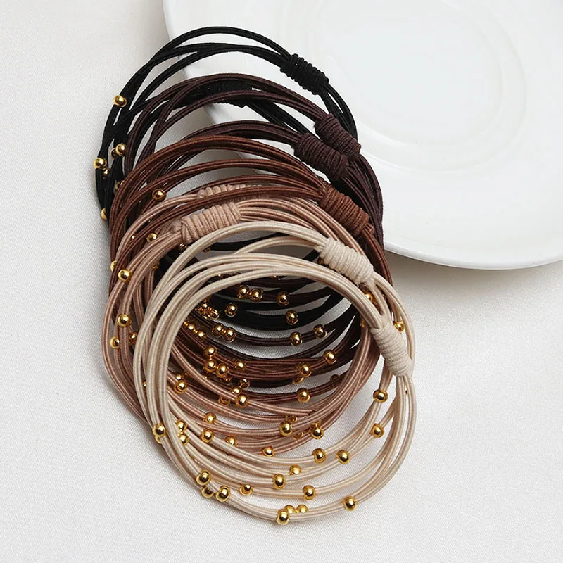 10PCS Korean Women Elastic Hair Rubber Bands  Headbands Girs Golden Plated Beads Hair Scruchies Hair Tie/Holder/Gum  Accessories