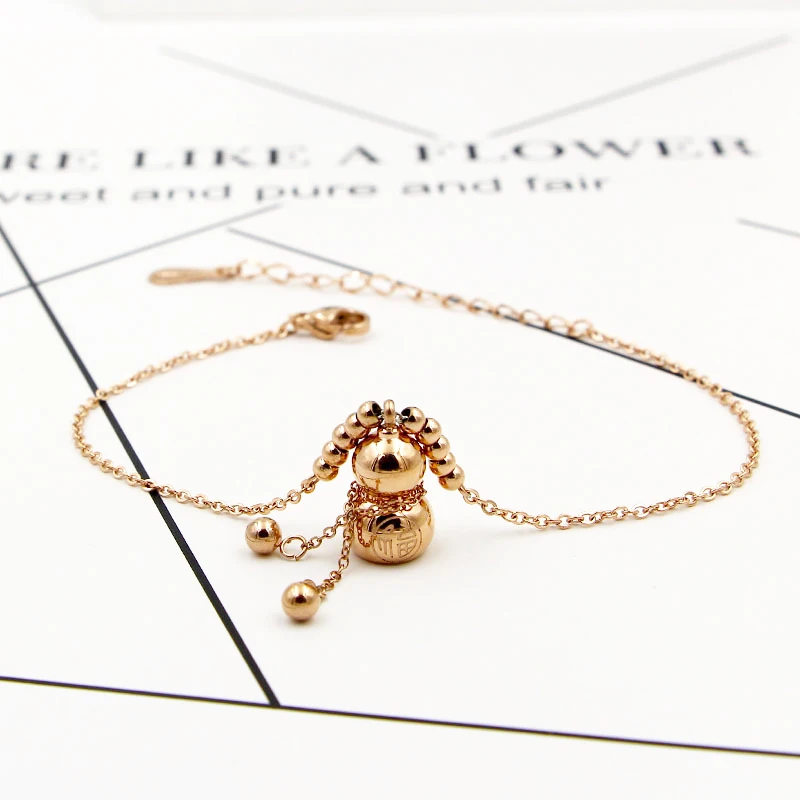 

New Design Exquisite Beauty Chinese Element Bead Fu Character Gourd Anklets Titanium Steel Rose Gold Color Jewelry Woman Anklet