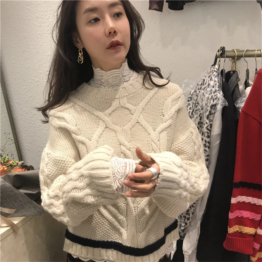 Осенняя и зимняя футболка высокая эластичная тонкая кружевная рубашка с узором