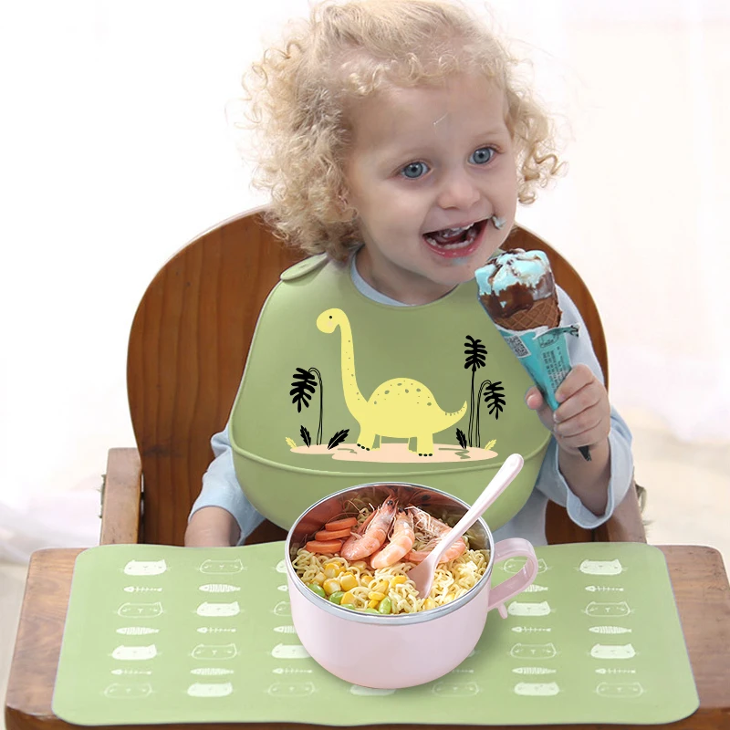 

TYRY.HU 3Pc/lot Silicone Bib Feeding Square Bowl Spoon Set Tableware Waterproof Non-slip BPA Free Portable Children Tableware
