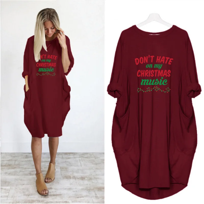 

Plus Size Women Letter Print Midi Loose Christmas Dresses Long Sleeve o Neck Vintage Party Club Streetwear Vestidos Femmerobes