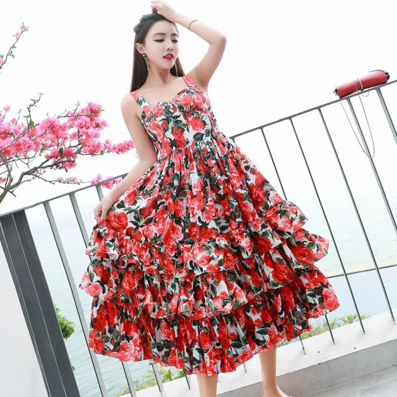 Женское длинное платье на бретельках [EWQ] Элегантное Длинное Платье с принтом