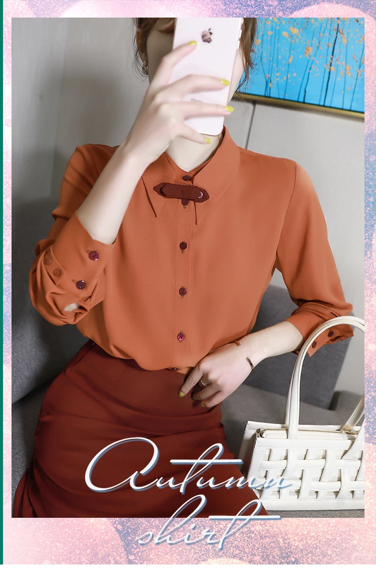 

linen High-grade texture fabric not easy wrinkle military green shirt women's design sense contrast color tie removable