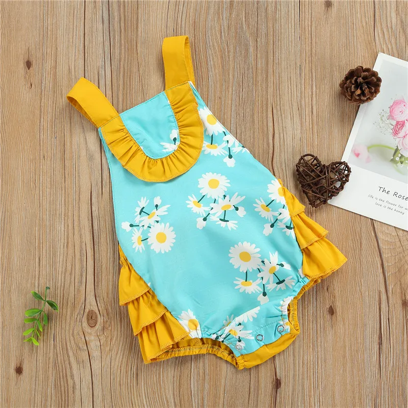 

Baby Girls Casual Romper Blue Floral Printed Pattern Sleeveless Square Collar Baby Rompers