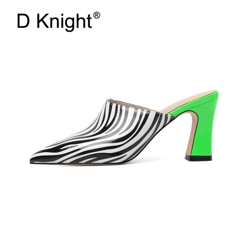 Женские леопардовые шлепанцы с острым носком на высоком каблуке принтом зебры