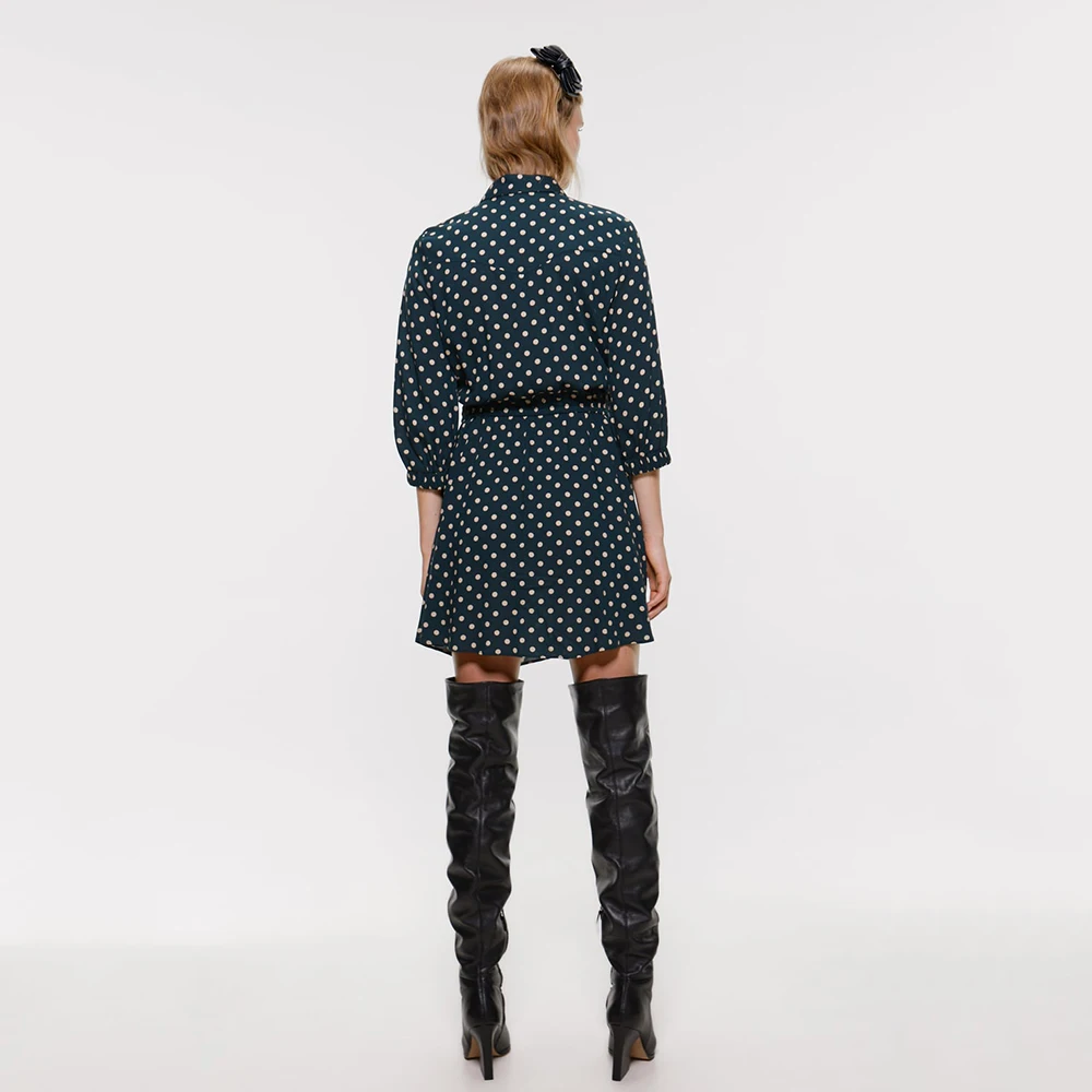 2019 ZA мини-платье с отложным воротником женское платье длинным рукавом и узлом в