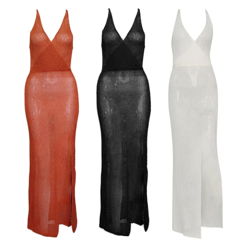 

Women Summer Sleeveless Swimsuit Cover Up Sexy Split Crochet Mesh Beach Dress