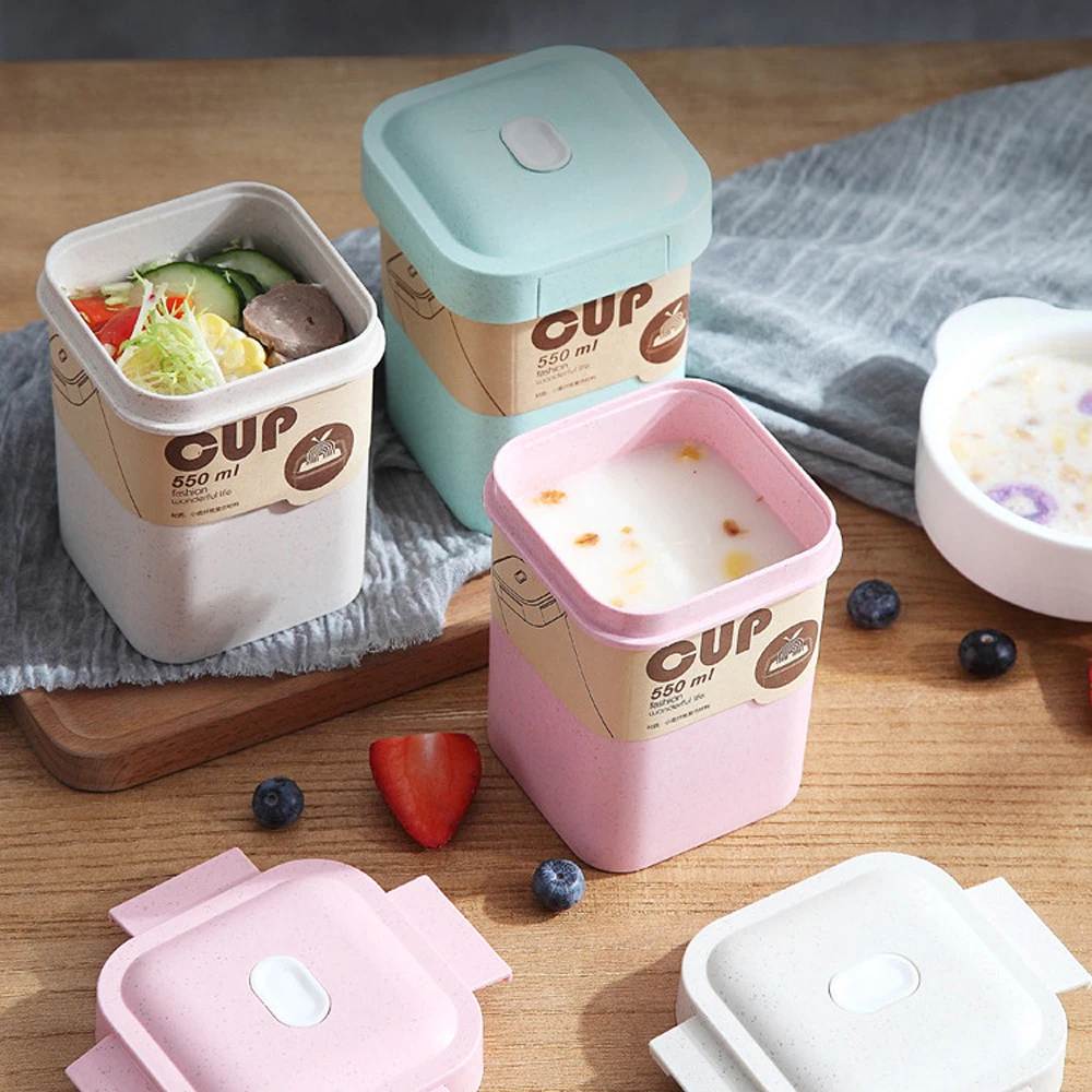 

550ml Portable Lovely Shape Wheat Straw Square Lunch Box Microwave Breakfast Porridge Sealed Soup Cup Food Container Bento Box
