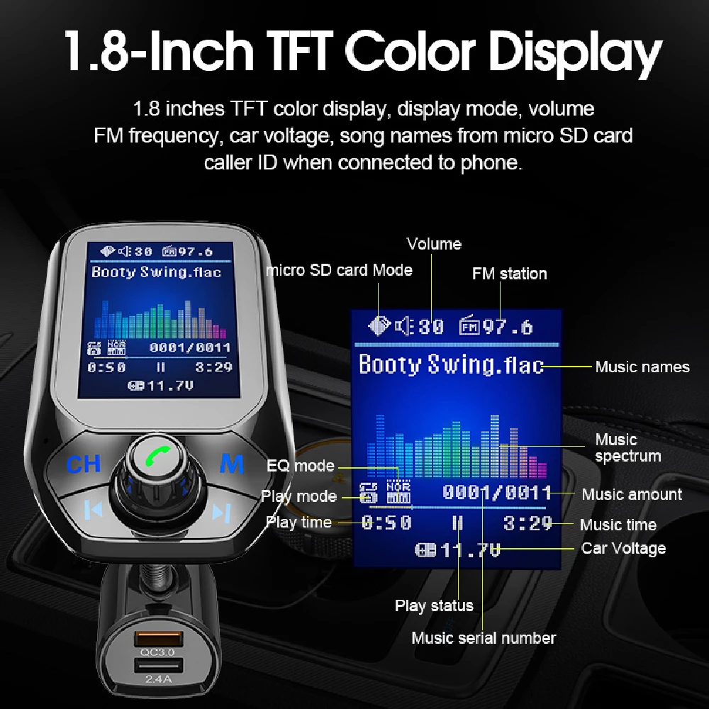 Car Bluetooth MP3 Audio Player Multifunction Dual USB Large Colorful Screen Display QC3.0 Vehicle Charger T43 | Автомобили и