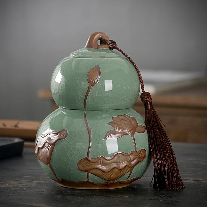 

Calabash Tea Caddy Ceramic Sealed Can Large Double Layer Pu'er Tea Caddy Half a Catty Package Storage Tank Household Tea Caddy