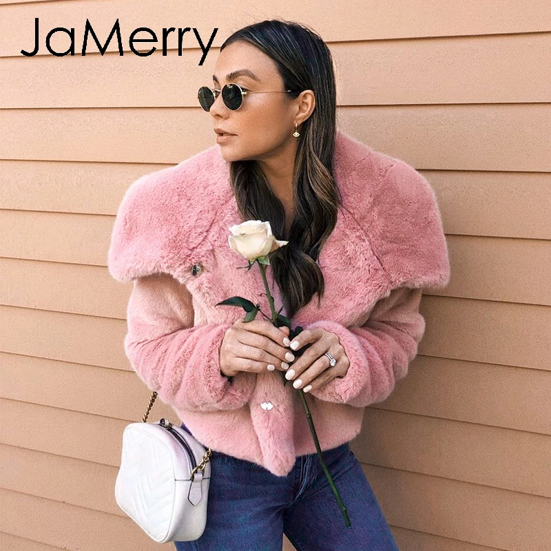 JaMerry винтажное зимнее женское пальто из искусственного меха осенняя розовая