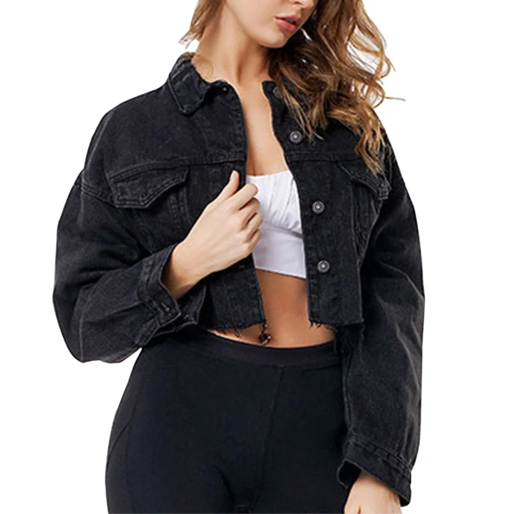 

New Black Drop Shoulder Long Sleeve Frayed Hem Ripped Crop Denim Jacket Women High Street Single Breasted Solid Short Jackets