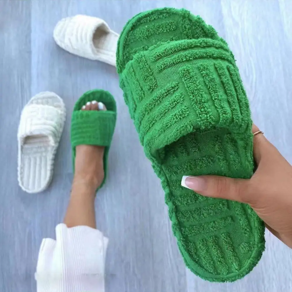 

1 Pair Peep Toe Thick Sole Women Slippers Green Corduroy Flat Outwear Women's Slippers Summer Autumn Runway Flip Flops Women 202