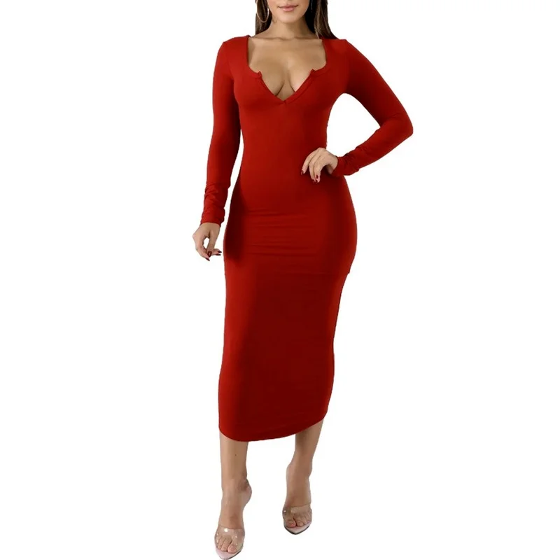 

2021 Women's Dress Solid Casual Fashion Dress Spring V-Neck Long Sleeve Slim Body Bag Hip Skirt