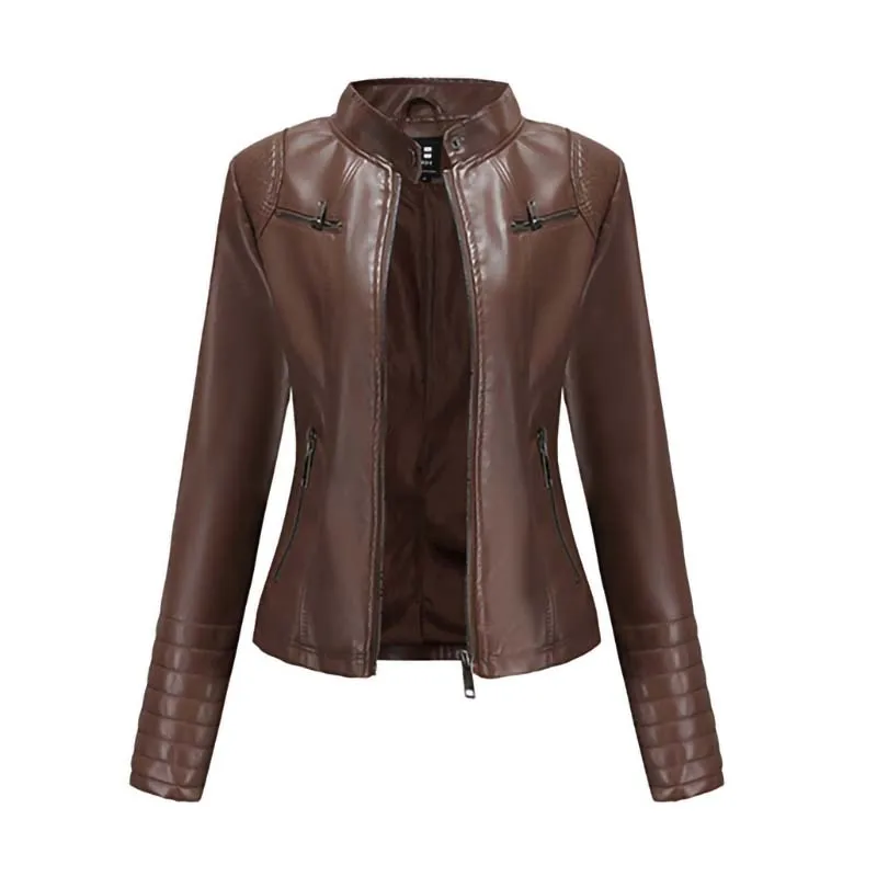 Women Faux Leather Jacket Autumn Long Sleeve Solid Zipper Pocket Biker Oversize Leather Coat Female Casual Black Jacket Outwear