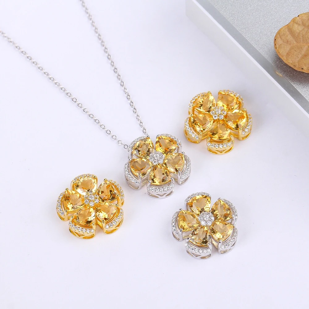 

925 Sterling Silver Flower Pendant Necklace For Women Fine Jewelry Yellow Citrine Chain Engagement Party Valentine day