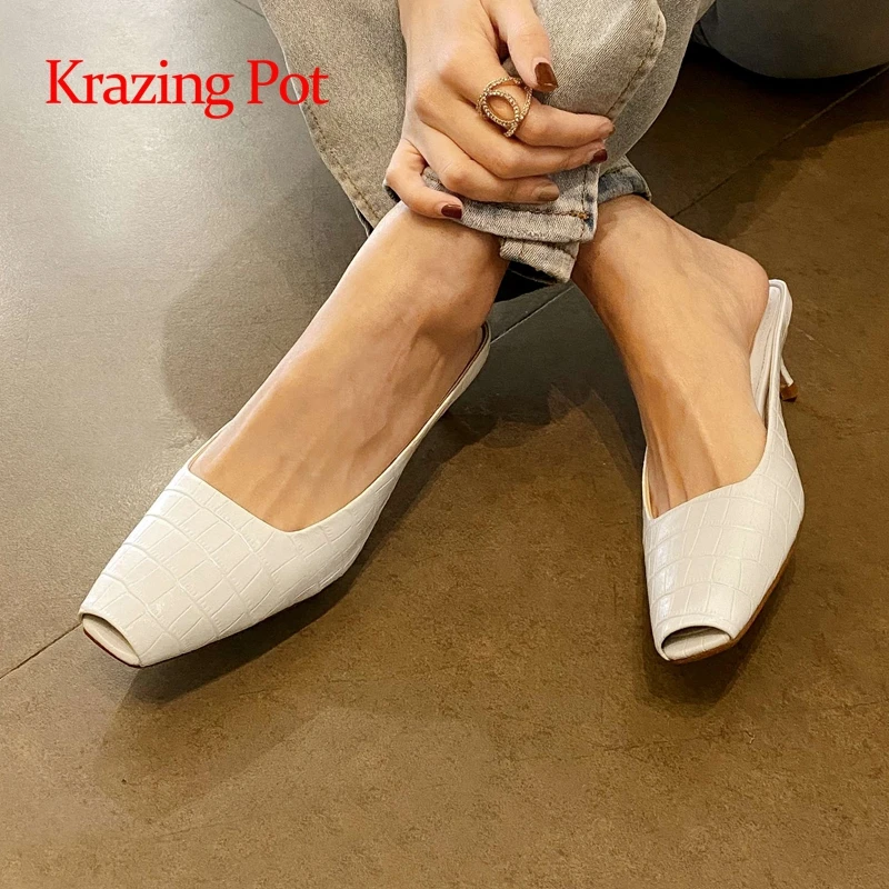 

Krazing Pot 2021 summer newest genuine leather square toe high heels slip on mules beauty lady dating fashion women pumps L36