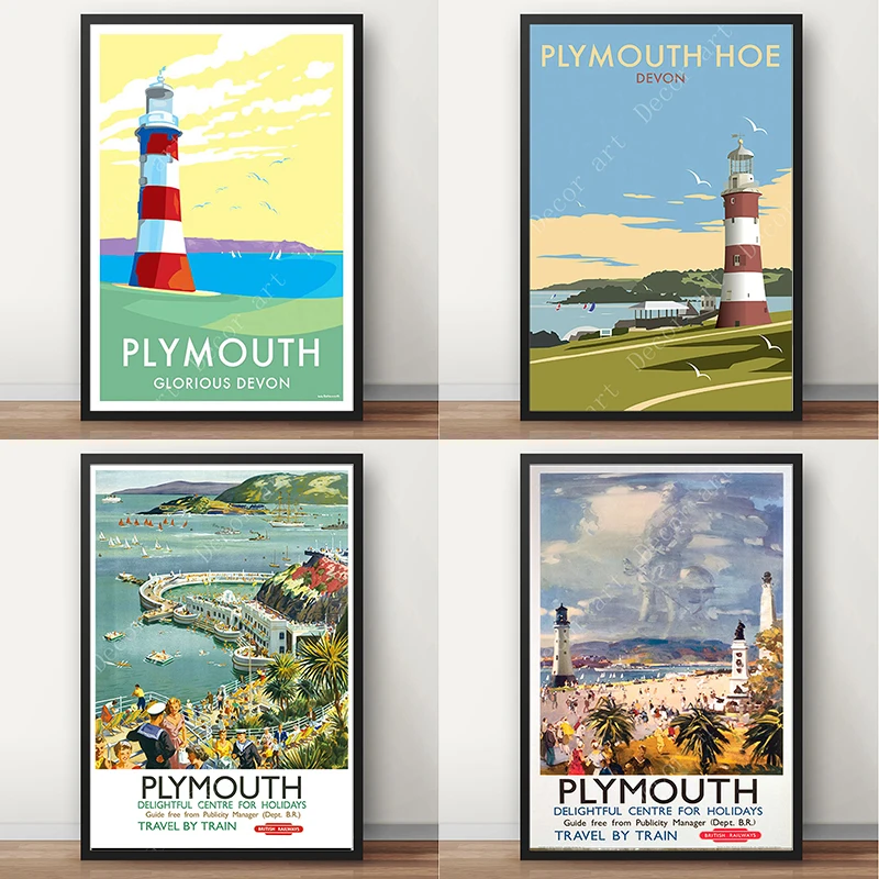 

Plymouth Glorious Devon Lighthouse Vintage Travel Posters Canvas Painting Kraft Poster Coated Wall Sticker Home Decoration Gift